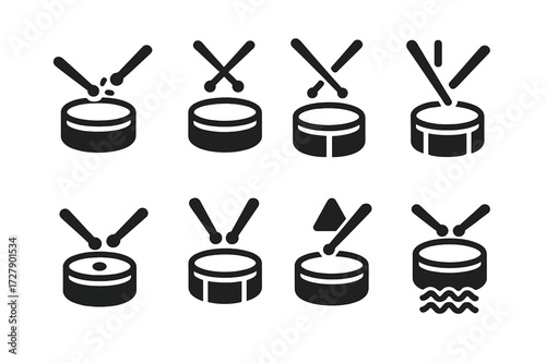 Drum Technique Icons. Solid, filled icon set of drum kit playing techniques: rim shot, drum roll, flam, paradiddle, ghost note, double stroke, accented hit,