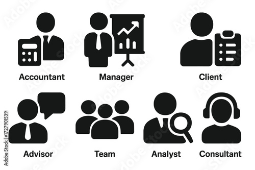 Professional Role Icons. Solid, filled icon set of budget participants: accountant, manager, client, auditor, advisor, team, analyst, consultant. [Solid,