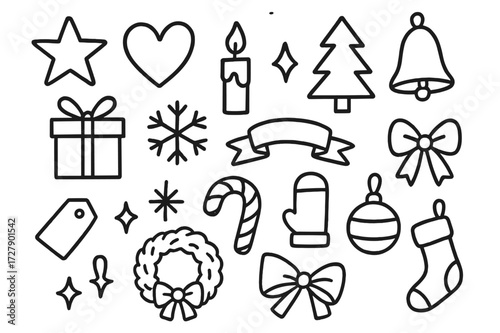 Festive Doodle Icons. Hand-drawn doodle illustration Festive Symbols [star, heart, candle, tree, bell, gift box, snowflake, ribbon, bow, wreath, sparkles, tag,