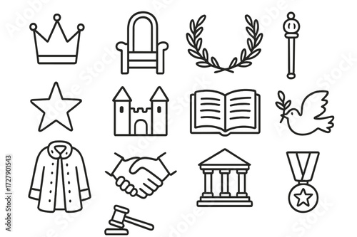 Monarchy Symbols Icons. Hand-drawn doodle illustration monarchy and kingship crown, throne, laurel wreath, scepter, star, castle, book, robe, handshake, dove,