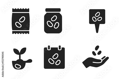 Dried Bean Seed Icons. Solid, filled icon set of dried bean seed saving: seed packet, storage jar, drying beans, seed label, measuring scoop, seedling,