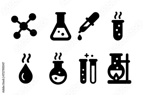 Aroma Chemistry Icons. Solid, filled icon set of aroma chemistry: molecule structure, chemical flask, pipette, dropper, test tube, aroma compound, reaction,