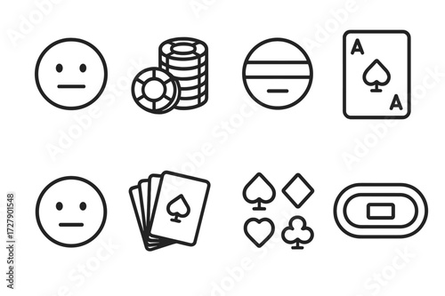 Poker Face Icons. Outline icon set of poker face emotions: neutral smile, poker chip stack, blindfold, ace card, straight face, card fan, card suit symbols,