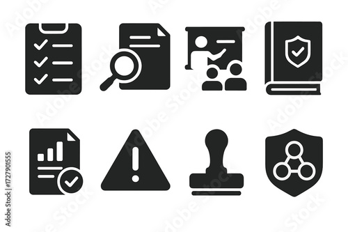 Compliance Tools Icons. Solid, filled icon set of compliance tools: checklist, document review, training, policy manual, audit report, warning sign, approval