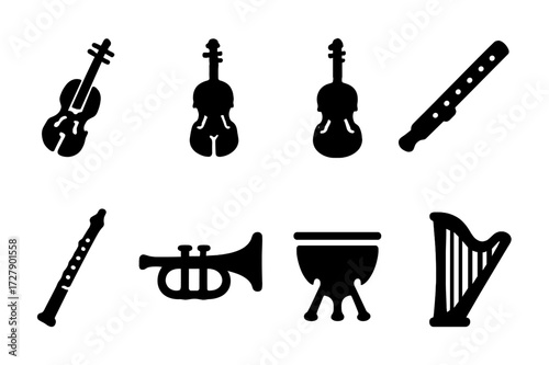 Orchestra Instruments Icons. Solid, filled icon set of orchestra instruments: violin, cello, double bass, flute, oboe, trumpet, timpani, harp. Solid, filled