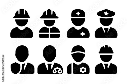 Professional Icons Grid. Solid, filled icon set of collapse participants: engineer, firefighter, medic, police, insurance agent, lawyer, technician,