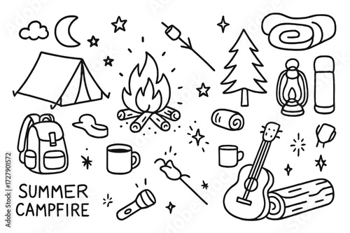 Summer Campfire Doodle. Hand-drawn doodle illustration Summer campfire night [campfire, marshmallow stick, tent, lantern, star, moon, tree, sleeping bag,