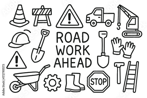 Road Work Doodle Icons. Hand-drawn doodle illustration Road Work Ahead [traffic cone, barricade, warning triangle, exclamation mark, truck, shovel,