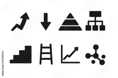 Solid Icon Grid. Solid, filled icon set of hierarchy arrows and charts: ascending arrow, descending arrow, pyramid, flowchart, steps, ladder, graph, network