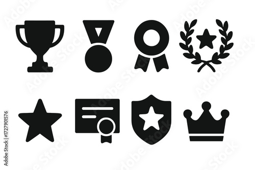 Rivalry Awards Icons. Solid, filled icon set of rivalry awards: trophy, medal, ribbon, laurel wreath, star, certificate, badge, crown. Solid, filled icons in