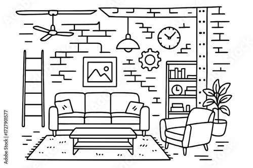 Urban Loft Doodle. Hand-drawn doodle illustration [Urban loft interior] [sofa, armchair, coffee table, rug, pendant light, exposed brick wall, steel beam,