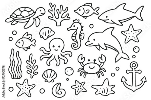 Marine Life Doodles. Hand-drawn doodle illustration Marine ecosystem turtle, coral, fish, whale, shark, crab, jellyfish, seahorse, shell, seaweed, octopus,