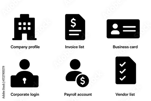 Business Icon Set. Solid, filled icon set of business accounts: company profile, invoice list, tax ID, business card, corporate login, team member, payroll