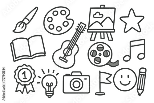 Creative Doodle Medley. Hand-drawn doodle illustration creative achievements paintbrush, palette, canvas, book, guitar, star, light bulb, film reel, music