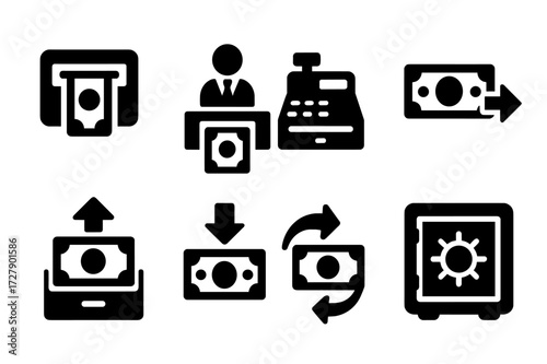 Banking Icons Grid. Solid, filled icon set of banknote circulation: ATM, bank teller, cash register, money transfer, deposit slip, withdrawal, currency