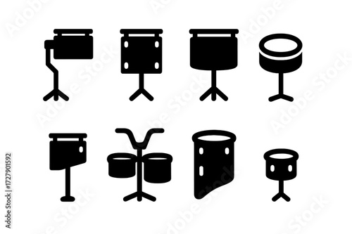 Tom-Tom Drum Icons. Solid, filled icon set of tom-tom drum types: mounted tom, floor tom, rack tom, electronic tom pad, piccolo tom, marching tom, concert tom,
