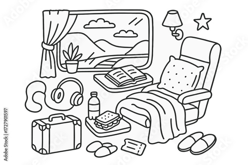 Train Compartment Serenity. Hand-drawn doodle illustration Relaxing in a train compartment [train window, chair, pillow, blanket, book, headphones, ticket,