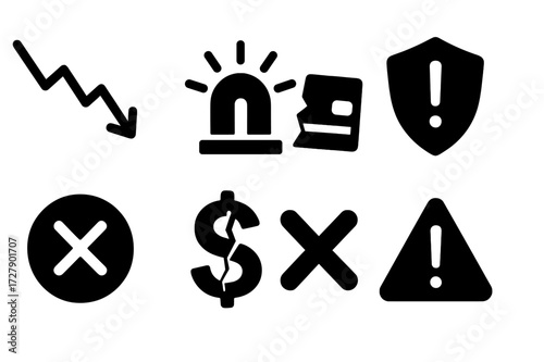Poor Credit Icons. Solid, filled icon set of poor credit score: downward trend line, alarm icon, broken bank card, warning shield, failed status, cracked