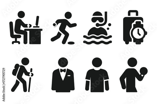 Watch Icon Scenarios. Solid, filled icon set of watch usage scenarios: office, sports, diving, hiking, formal event, casual wear, travel, fitness. [Solid,