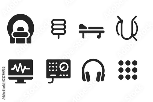 Medical Device Icons. Solid, filled icon set of induction in medical devices: MRI scanner, electric coil, patient bed, magnetic field, display monitor, control