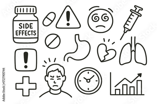 Medicine Side Effects Icons. Hand-drawn doodle illustration side effects medicine bottle, pill, capsule, syringe, warning sign, exclamation mark, dizzy face,