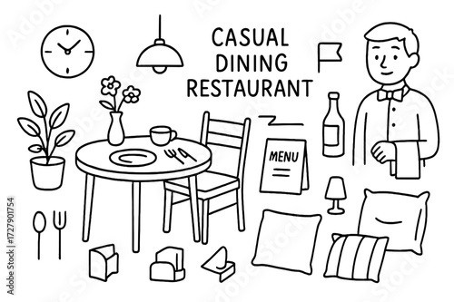 Restaurant Doodle Icons. Hand-drawn doodle illustration [Casual dining restaurant] [table, chairs, plate, cup, cutlery, menu, lamp, vase with flowers, clock,