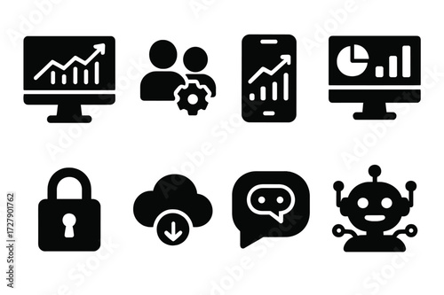 Broker Tech Icons. Solid, filled icon set of broker technology: trading platform, CRM software, mobile app, analytics dashboard, secure login, cloud storage,