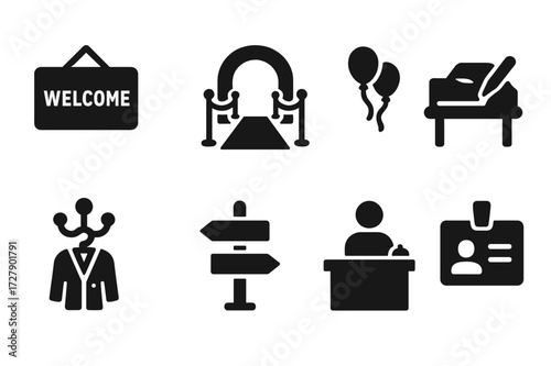 Banquet Hall Icons. Solid, filled icon set of banquet hall entrance features: welcome sign, red carpet, entrance arch, guestbook table, coat rack, directional