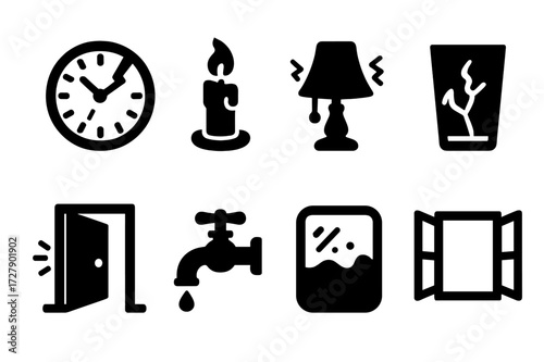 Household Omens Icons. Solid, filled icon set of household omens: broken clock, extinguished candle, flickering lamp, shattered glass, creaking door, dripping