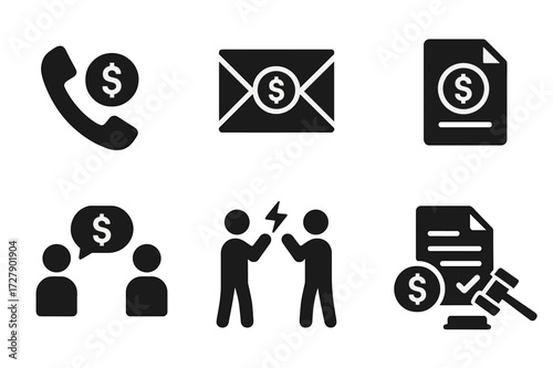 Debt Communication Icons. Solid, filled icon set of debt communication: phone call, email, letter, negotiation, dispute, settlement offer, reminder, legal