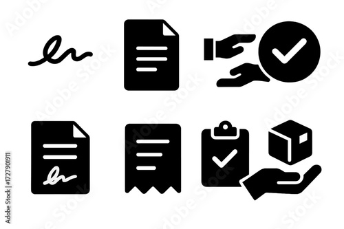 Asset Transfer Icons. Solid, filled icon set of asset transfer: signature, document, handover, approval, contract, receipt, verification, delivery. [Solid,