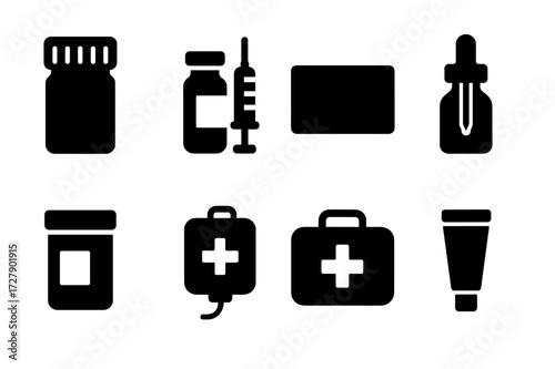 Black Medical Icons. Solid, filled icon set of medical containers: pill bottle, syringe vial, medicine box, dropper bottle, specimen jar, IV bag, first aid