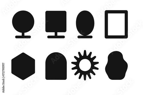 Mirror Icon Set. Solid, filled icon set of mirror shapes: round mirror, square mirror, oval mirror, rectangular mirror, hexagonal mirror, arched mirror,