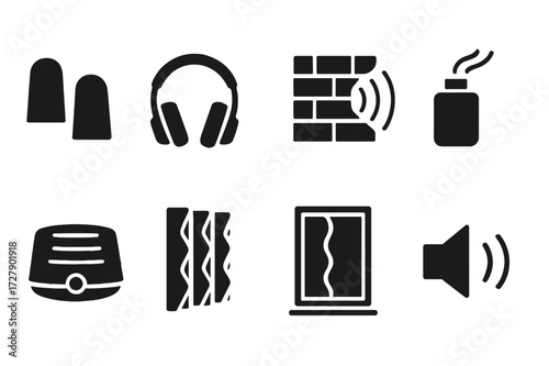 Noise Control Icons. Solid, filled icon set of noise control: earplugs, noise-canceling headphones, soundproof wall, muffler, white noise machine, acoustic