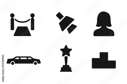 Red Carpet Icons. Solid, filled icon set of red carpet event elements: red carpet, velvet rope, spotlight, paparazzi camera, celebrity silhouette, limousine,