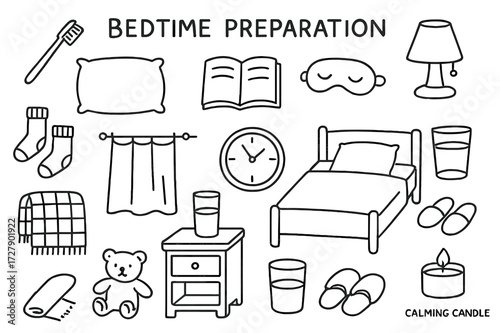 Bedtime Essentials Doodles. Hand-drawn doodle illustration [Bedtime preparation] [toothbrush, pillow, blanket, book, night lamp, glass of water, nightstand,