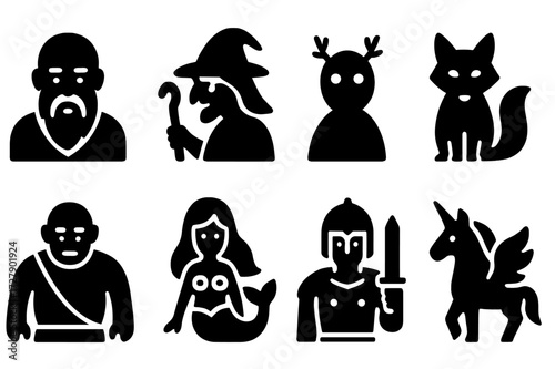 Folklore Icon Set. Solid, filled icon set of folklore tale characters: wise old man, witch, forest spirit, trickster fox, giant, mermaid, hero warrior, magical
