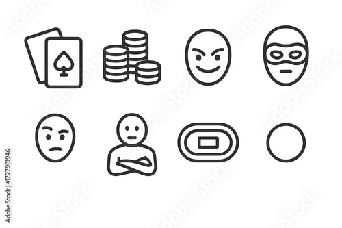 Poker Bluff Icons. Outline icon set of poker bluff: poker cards, chips stack, sneaky smile, eye mask, raised eyebrow, folded arms, poker table, dealer button.