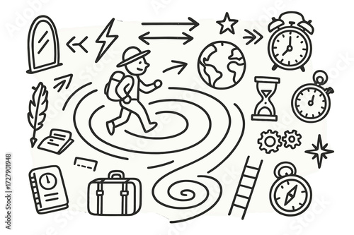 Time Traveler Icons. Hand-drawn doodle illustration time traveler crossing timelines spiral, parallel arrows, mirror, globe, lightning bolt, stopwatch,
