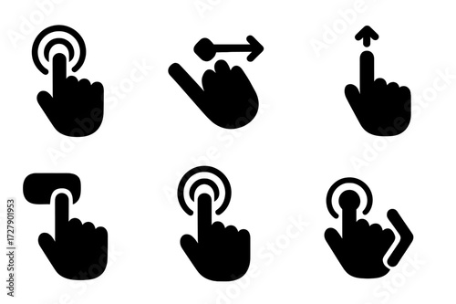 Mobile Interaction Icons. Solid, filled icon set of mobile app interactions: tap, swipe, pinch, scroll, drag, long press, double tap, back button. Solid,