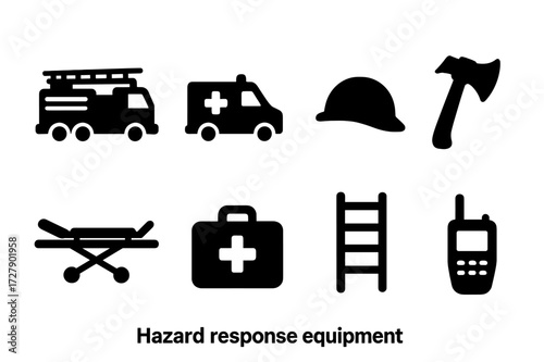 Hazard Response Icons. Solid, filled icon set of hazard response equipment: fire truck, ambulance, safety helmet, fire axe, stretcher, emergency kit, rescue