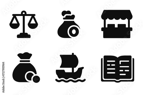 Medieval Trade Icons. Solid, filled icon set of medieval trade and economy: merchant scales, coin purse, trade caravan, market stall, sack of coins, barrel,