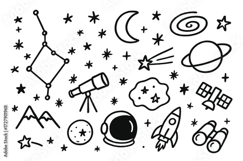 Orion Constellation Doodle. Hand-drawn doodle illustration Orion constellation Orion?s belt, stars, telescope, moon, comet, galaxy swirl, planet, astronaut