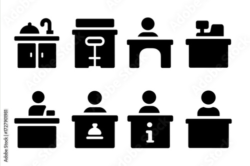 Counter Icons Grid. Solid, filled icon set of counter types: kitchen counter, bar counter, reception desk, checkout counter, cashier counter, hotel front desk,