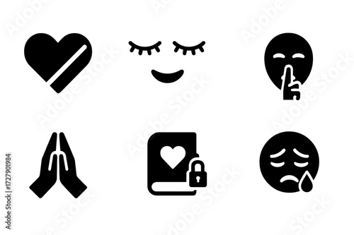 Hidden Emotions Icons. Solid, filled icon set of hidden emotions: concealed heart, closed eyes, masked smile, silent lips, folded hands, shadowed face, secret