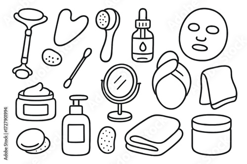 Skincare Tools Doodle. Hand-drawn doodle illustration [Skincare tools and products] jade roller, gua sha, cleansing brush, serum bottle, face mask sheet,