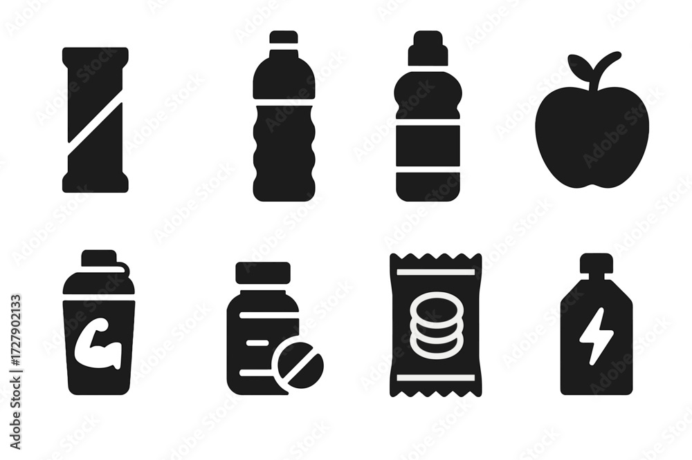 Fototapeta premium Running Nutrition Icons. Solid, filled icon set of running nutrition: energy bar, water bottle, sports drink, fruit, protein shake, electrolyte tablets, snack