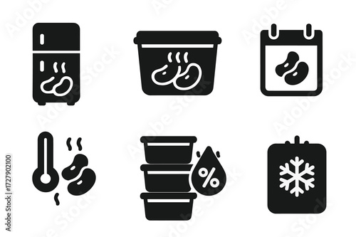 Steamed Beans Storage Icons. Solid, filled icon set of steamed beans storage: refrigerator, airtight container, pantry shelf, date label, thermometer, stack of