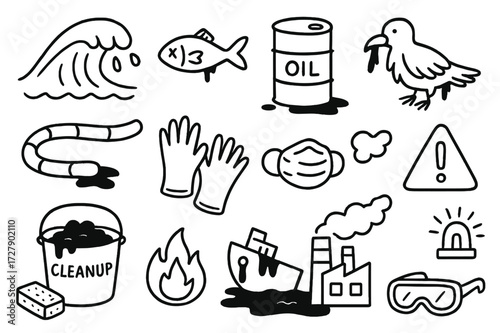 Oil Spill Doodle. Hand-drawn doodle illustration oil and chemical spills ocean wave, dead fish, oil barrel, bird with oil, boom barrier, gloves, mask, cleanup
