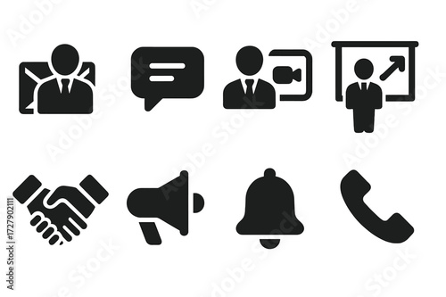 Manager Communication Icons. Solid, filled icon set of manager communication: email, chat, video call, presentation, handshake, announcement, notification,
